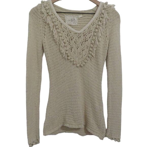 Anthropologie Angel of the North Womens Sz STan Knit Sweater Pom Pom Hems - Picture 1 of 8